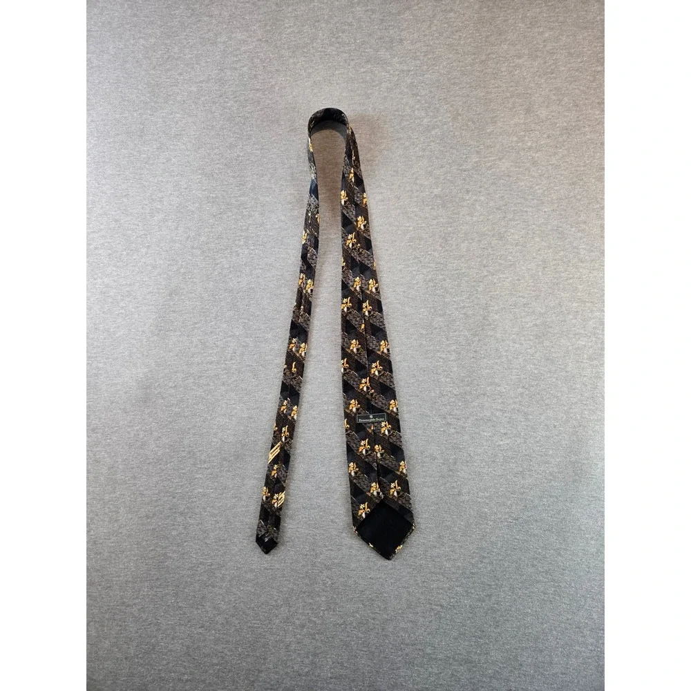 Ermenegildo Zegna Silk Necktie Mens OS Black Gold Geometric Floral Made in Italy